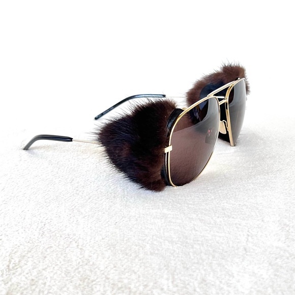 Saint Laurent Metallic Classic 11 Shields 59mm Mink Fur-Trim Sunglasses - Picture 9 of 14